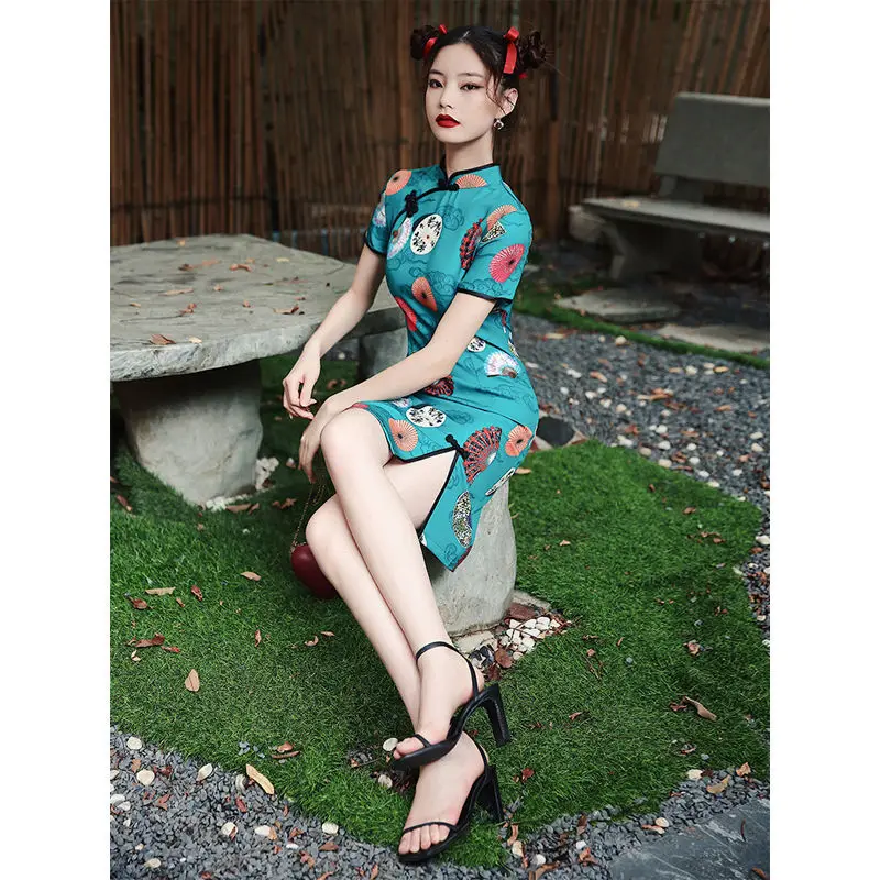 Женское винтажное платье Ципао с коротким рукавом и принтом|Чонсамы| |
