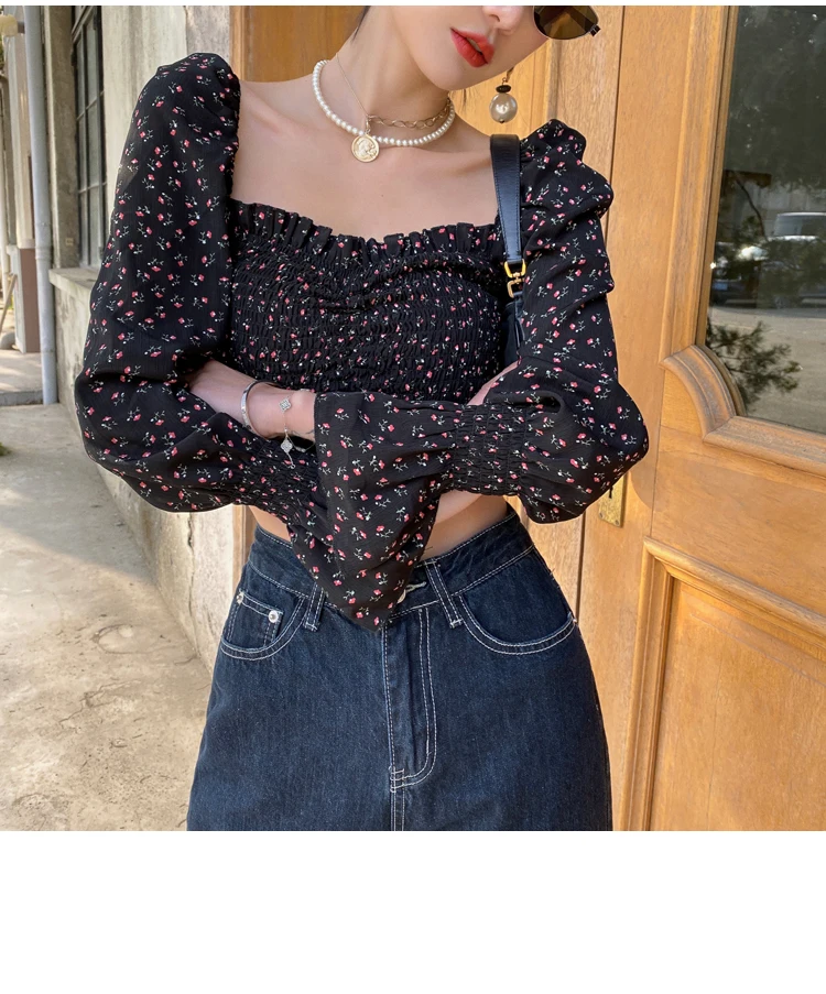 

Drawstring Squared Collar French Style Cold Shoulder Floral Short Sleeve Chiffon Short Blouses Crop Tops for Women S M L