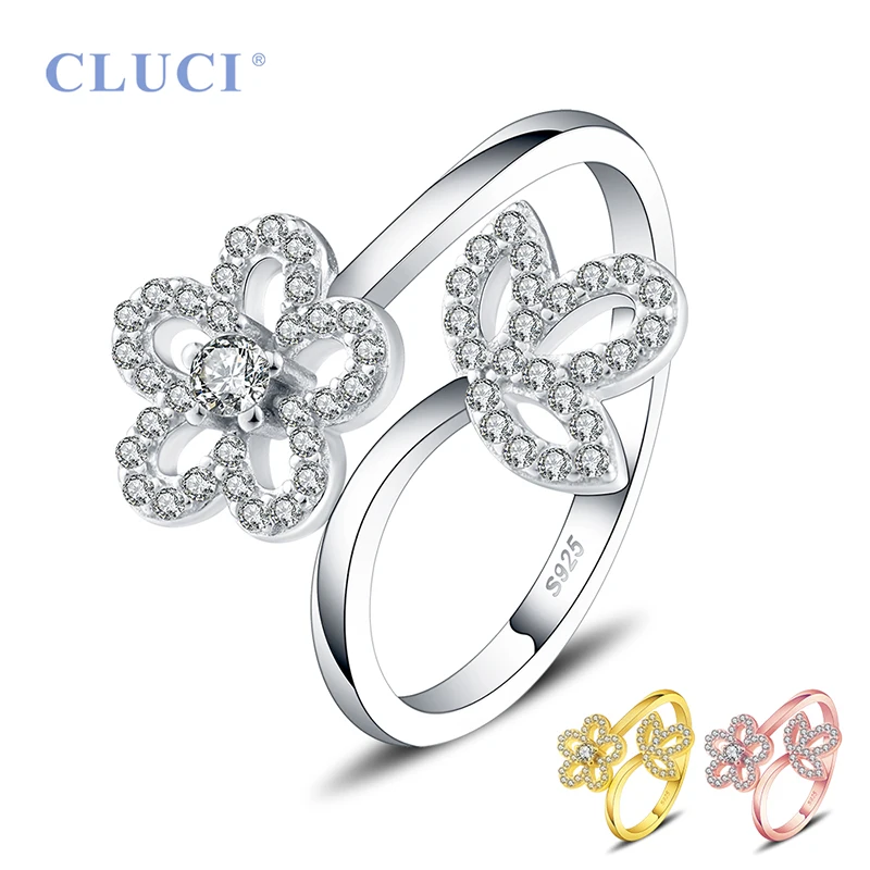 

CLUCI Adjustable Romantic Flower Silver 925 Ring Jewelry for Women Party Rose Gold Open Ring DR2010SB
