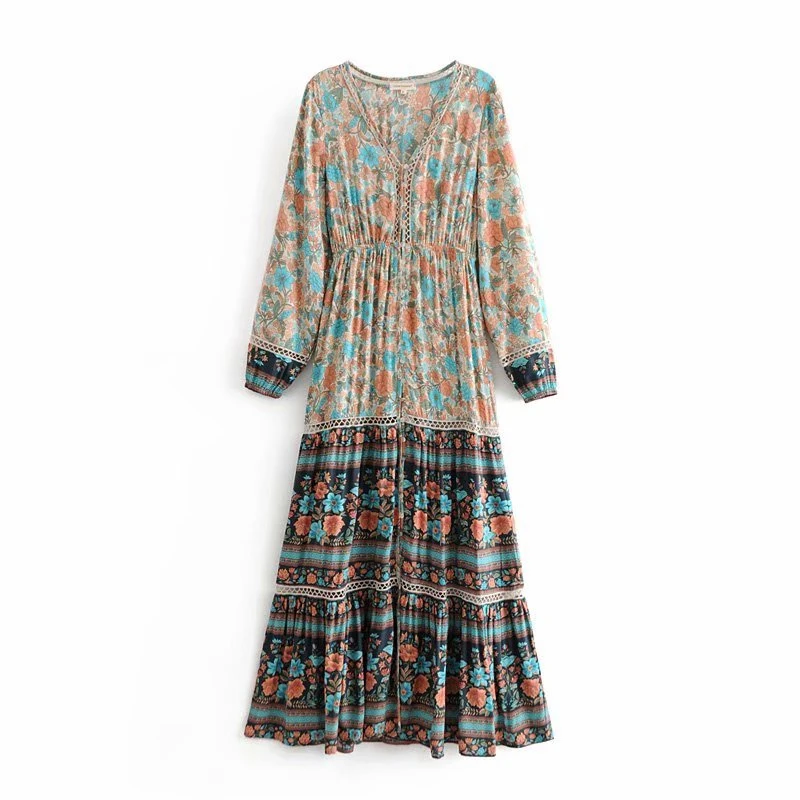 01 Boho шикарное платье с цветочным принтом и поясом, Пляжное богемное макси платье, женское летнее платье из искусственного шелка с перекрестным v-образным вырезом - Цвет: 01