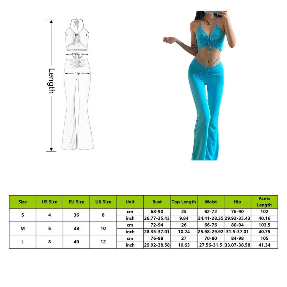 

Woman Two Piece Set Y2K Streetwear Sexy Bandage Tanks Suits Fashion Drawstring Halter Top High Waist Flare Pants 2 Piece Set