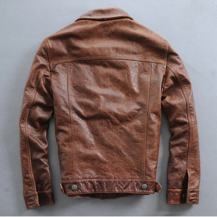 

Vintage slim fit Italy single breasted leather biker coat for men brown men's short casual motorcycle jacket