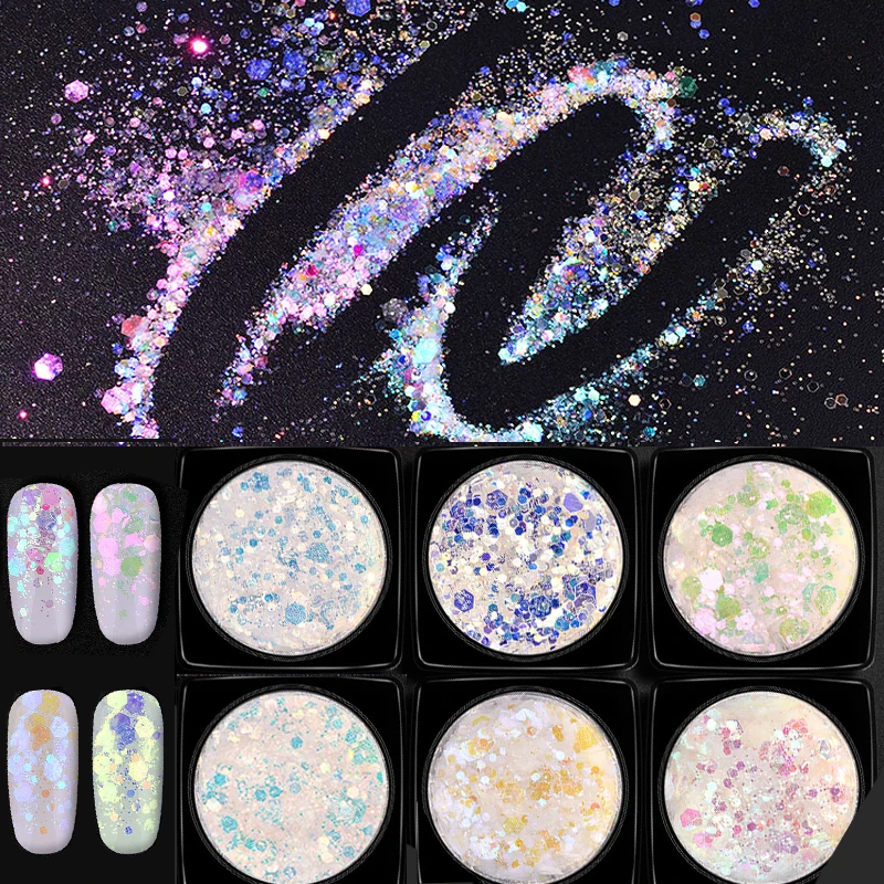 

6Pcs/Set Aurora Unicorn Nail Art Glitters Mixed Hexagon Nail Powder Sequins Mermaid Nail Flakes Holographic Manicure Decorations
