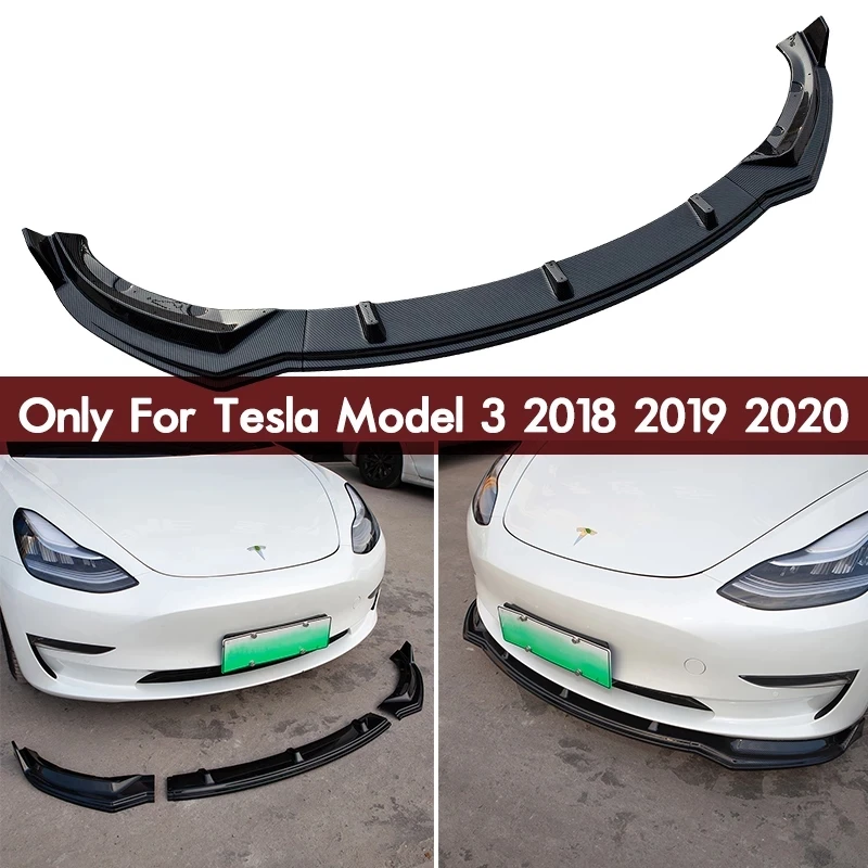 

3Pcs Carbon Fiber Front Lip Splitter Chin Spoiler Side Skirt Body Kit Trim For Tesla Model 3 Front Bumper Plate Guard Protector