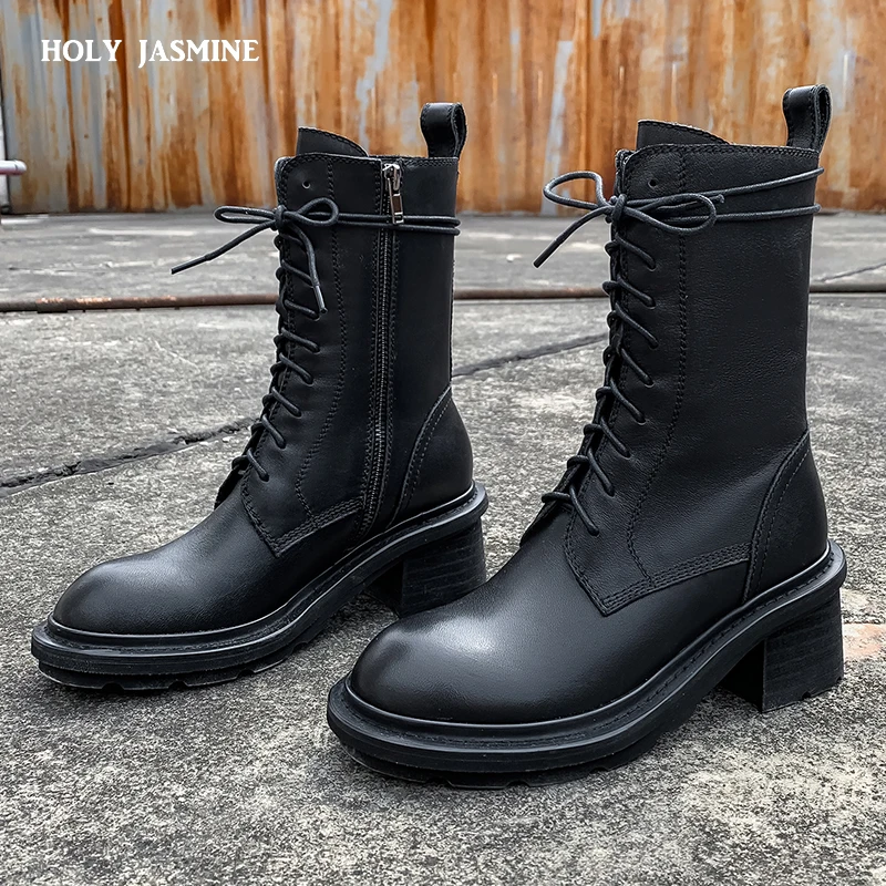 

Черные женские ботинки из натуральной кожи на массивном каблуке, женские ботильоны на шнуровке, женские короткие ботинки на молнии, ковбойс...