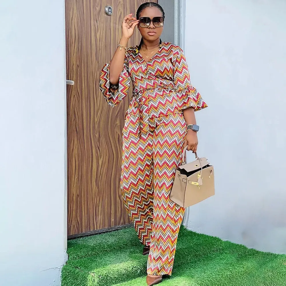 

Женский брючный костюм с принтом, повседневный костюм из двух предметов с оборками на рукавах и V-образным вырезом, брюки с высокой талией, О...