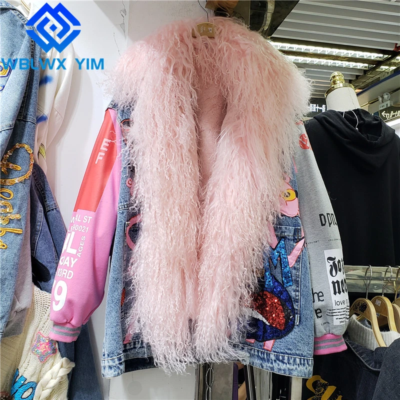 

Cartoon Print Jeans Jacket Women Big Wool Fur Collar Fashion Sequins Denim Jacket Thick Warm Winter Jacket Loose Jenas Coat