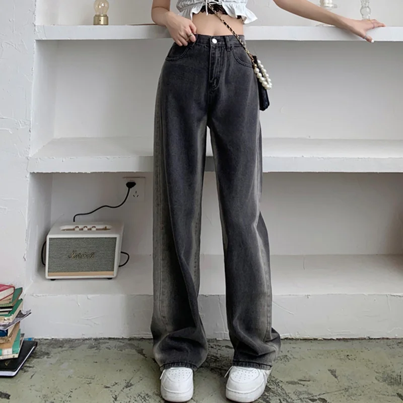 Женские прямые джинсы с градиентом серые свободные брюки-трубы высокой талией и