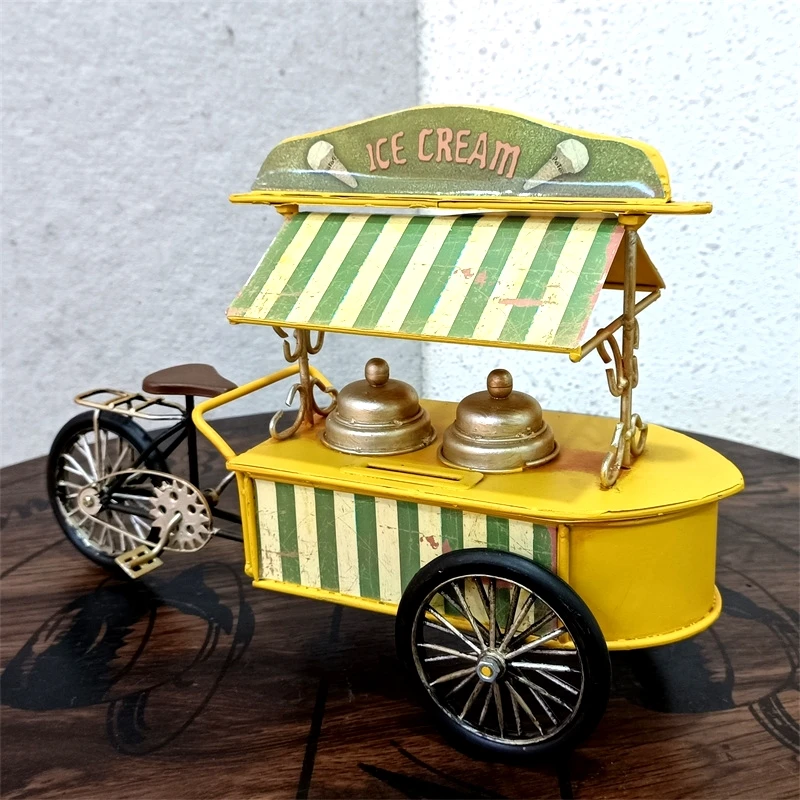 

Vintage Wrought Iron Art Ice Cream Cart Miniature Handmade Metal Popsicle Tricycle Model Childhood Ornament Craft Decor Present