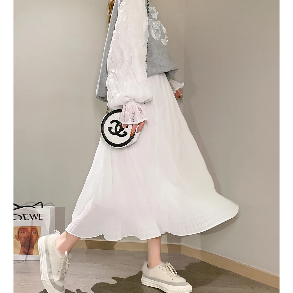 

Fdfklak Black white skirt spring autumn new A-line long skirt ladies loose pleated skirts fairy chiffon thin summer skirts women