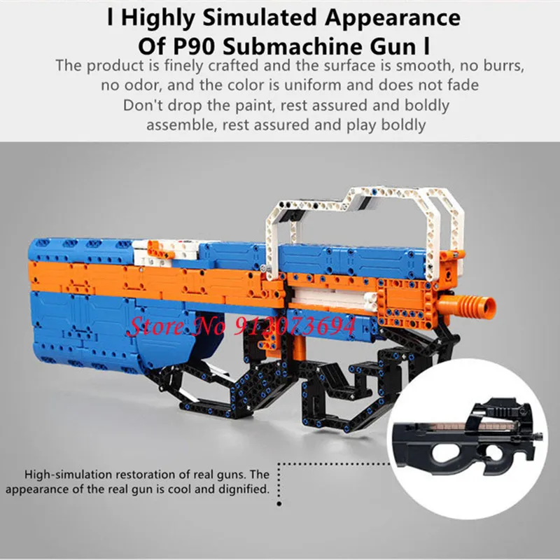 Parent-Child Interaction Launch Rubber Band P90 Submachine Gun Real Battle Experience DIY Assembly 58.3CM Building Block Kid Toy images - 6