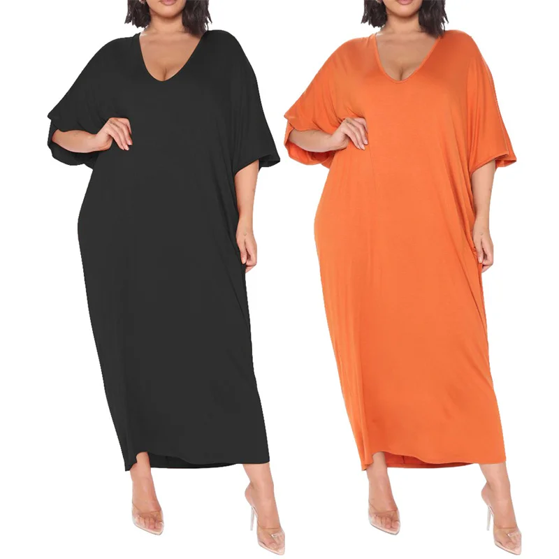 

2021 Ladies Casual Fashion Ladies Street Sexy Slim Short Sleeve Pure Color Deep V Loose Long Dress