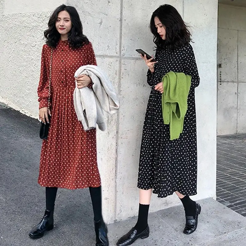 Женское шифоновое платье рубашка в горошек с длинным рукавом|Женские платья| |