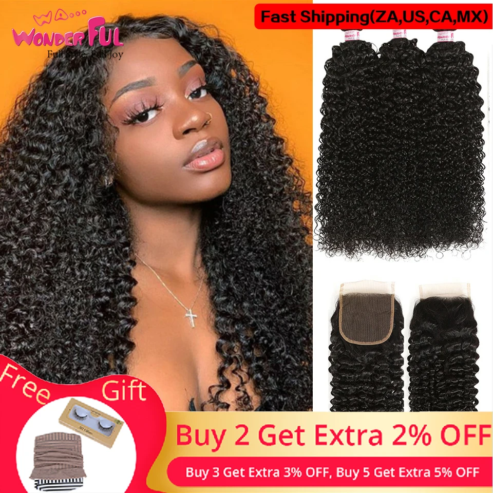 Перуанские Волосы Кудрявые кудрявые пряди с закрытием не Remy человеческие волосы