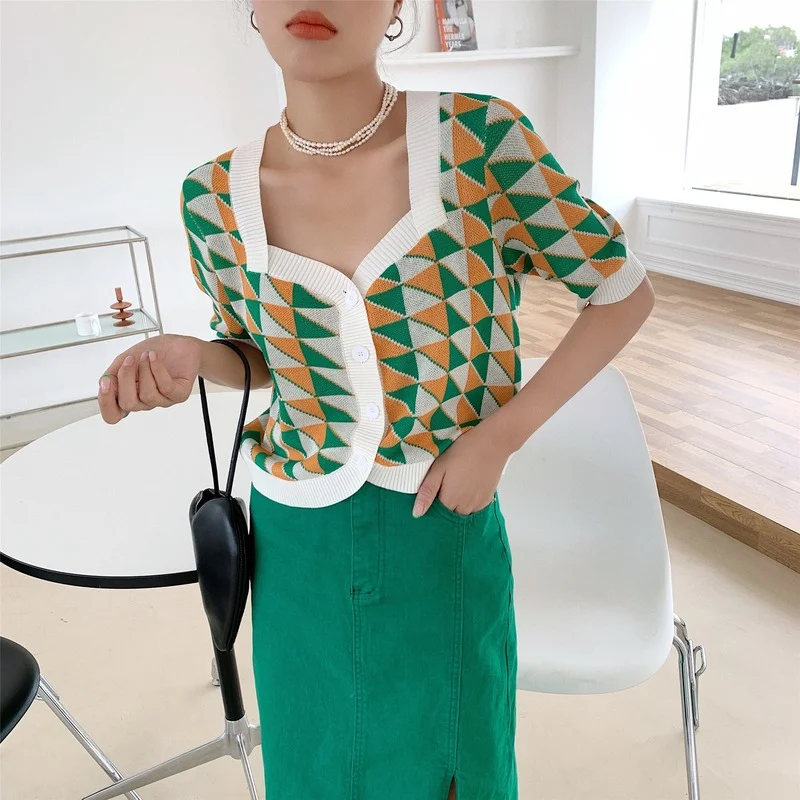 

Women Argyle Cardigan Square Neck Short Sleeve Ice Silk Knit Cropped Button Sweater Summer Korean Fashion Green Vintage Cardigan