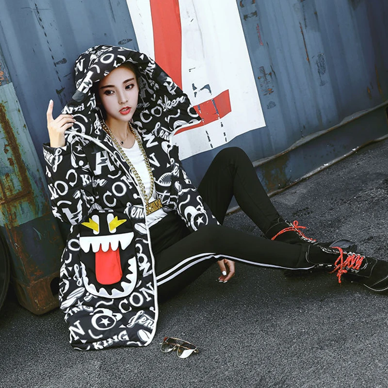 GALCAUR Print Cartoon Women's Down Jackets Hooded Long Sleeve Zipper Warm Thick Female Coats 2019 Winter Plus Size Fashion New | Женская