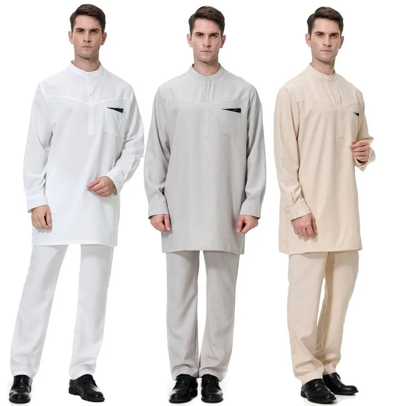 Muslim Arab Men Robes Eid Worship Service Middle East Ramadan Thobe Thawb Caftan Suit Islamic Abaya Jilbab Moslem Shirt Pants