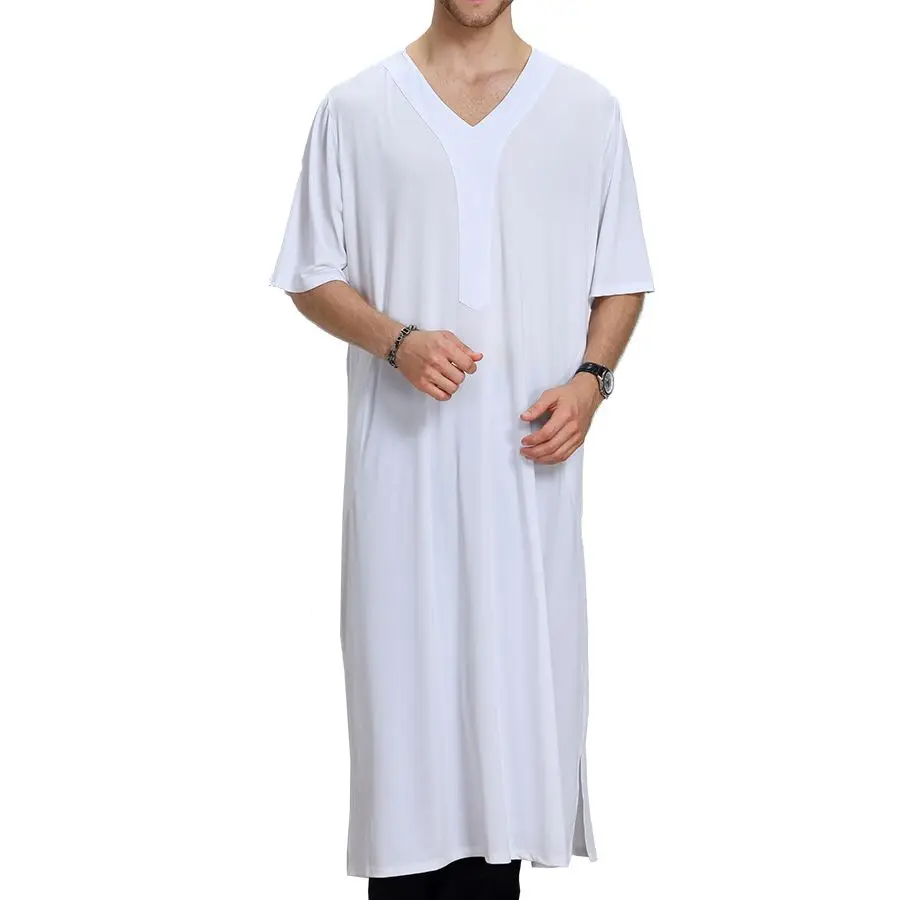 

Muslim abaya arabic kaftan Short Sleeves islamic clothing Middle East islamic clothing men thobe V Collar Men's robes TH806