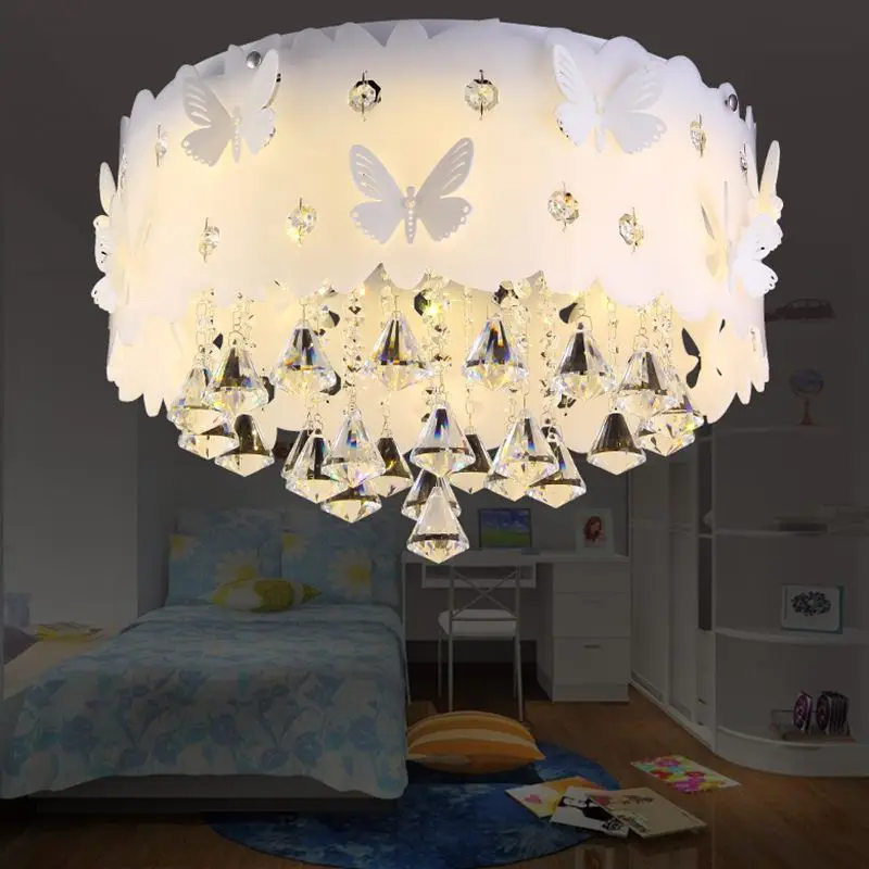 Круглая потолочная лампа для спальни Хрустальная розовая бабочка девушка