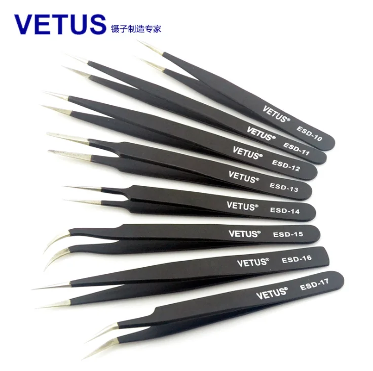 

100pcs VETUS ESD 10 11 12 13 14 15 Anti-static Stainless Steel Tweezers Set Electronic Cell Phone Repair eyelash beauty