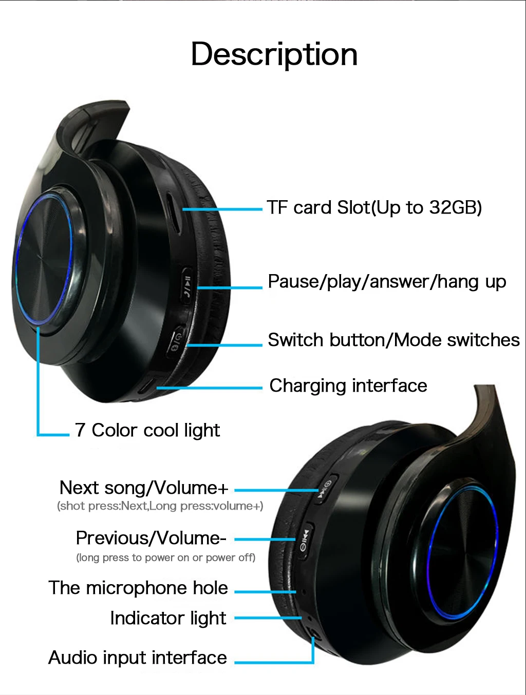 B39беспроводные bluetooth-наушники, светодиодный, красочные, дышащие, портативные, складные, встроенные, FM, с микрофоном, поддержка TF карты, mp3-плеер