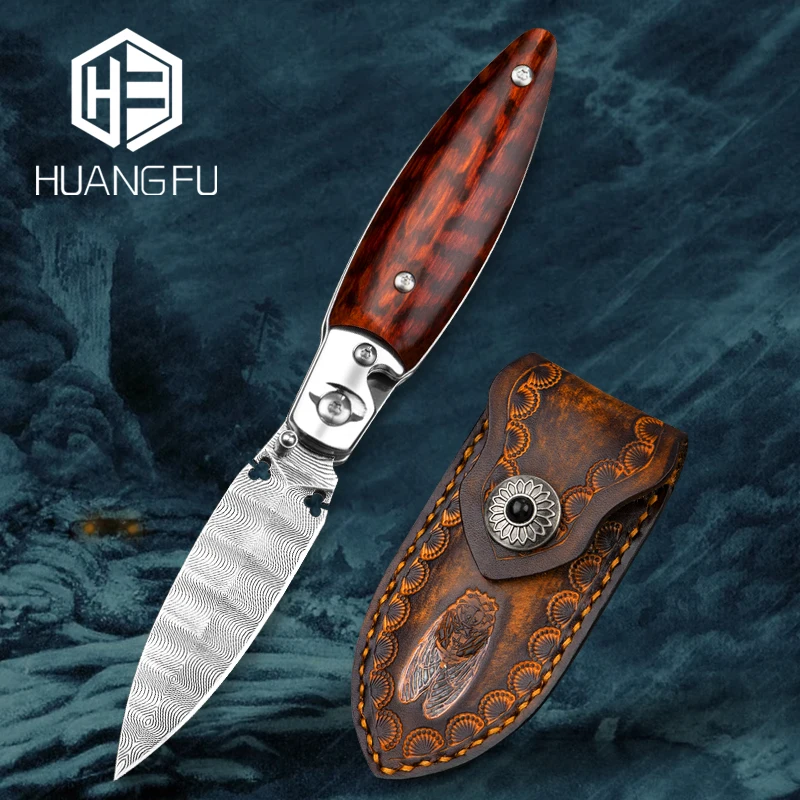 

HUANGFU Flipper Damascus Steel Blade Drop point Rescue 60HRC Handle knife Outdoor camping hunting knife fruit knife