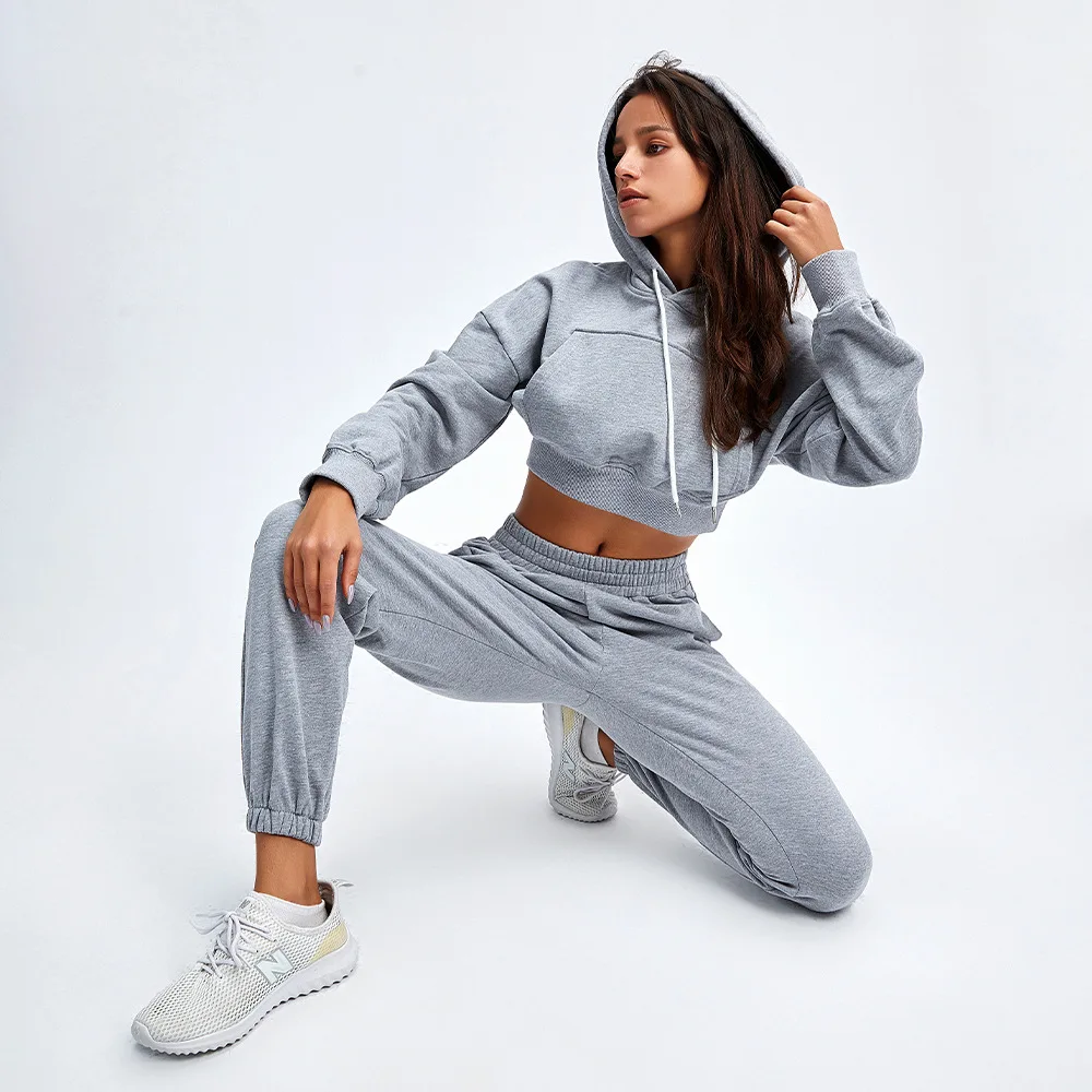 

Women Long Sleeve Hoodies And Pants Running Gym Clothing Set Joggers Suit 85% Cotton 15% Polyester Leisure Loose Sportswear Kit