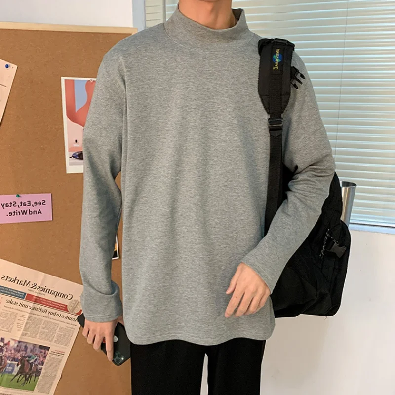 

2020 Autumn winter super hot high neck long sleeve T-shirt men's loose round neck popular bottom