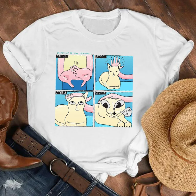 Женская футболка с коротким рукавом и принтом в виде кота|Футболки| |