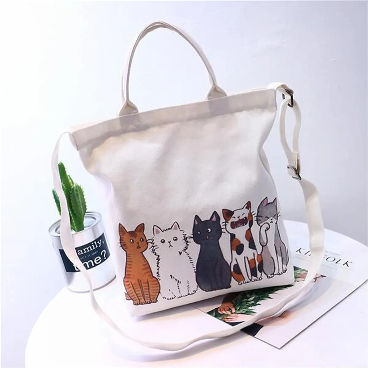 

Женская сумка, сумка для покупок с милым котом, складные женские пляжные сумки, белая холщовая Повседневная Сумка-тоут, женская сумка через ...