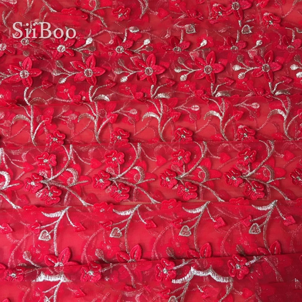 Красный Тисненый Цветочный вышитый сетчатый кружевной материал одежда для