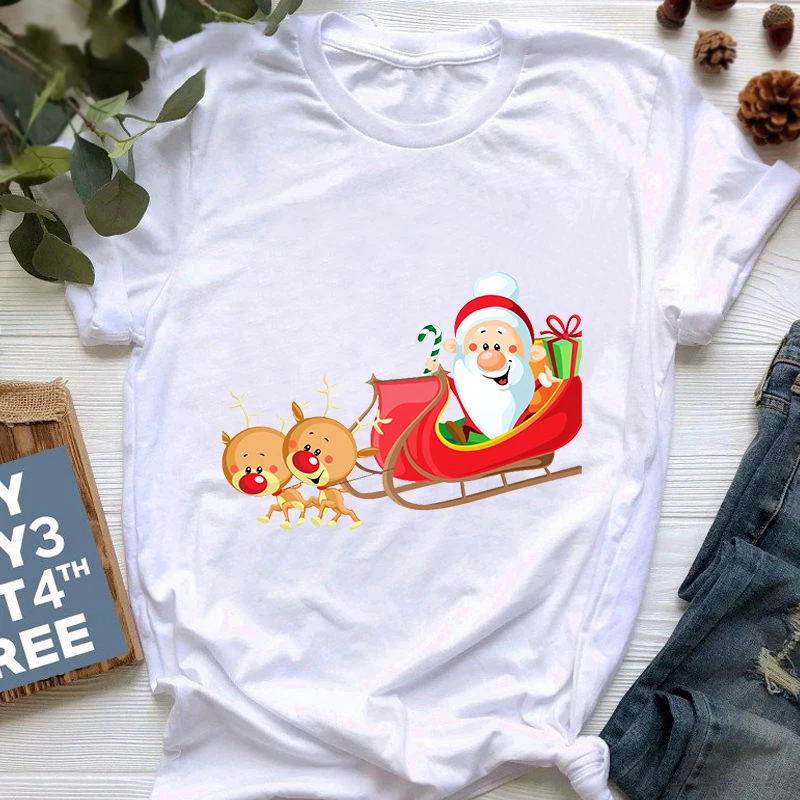 

New Lovely Deer T Shirt women funny Santa Claus Merry Christmas Short Sleeve t shirt White Tshirt Suitable All Seasons Tshirts_T