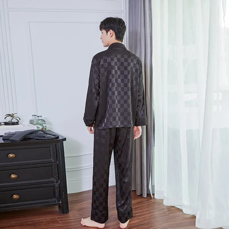 

Calm Black Plaid Silk Pajama Man Sleepwear Set Men's Home Pajamas Suit