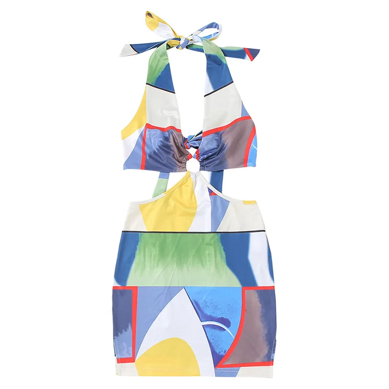 

Digital Print Halter Sexy Mini Dresses Club Party Elegant Sexy Backless Cut-Out Sleeveless Bandage Short Dress Beachwear
