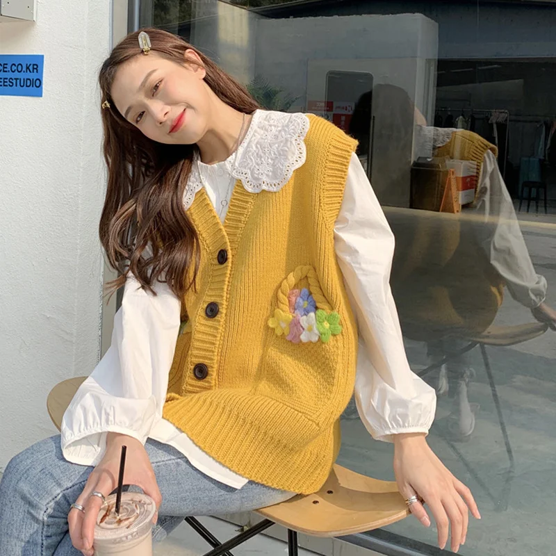 

Желтый вязаный жилет, кардиган, женский новый осенне-зимний свитер в студенческом стиле, жилет с V-образным вырезом и жилетом, 2021