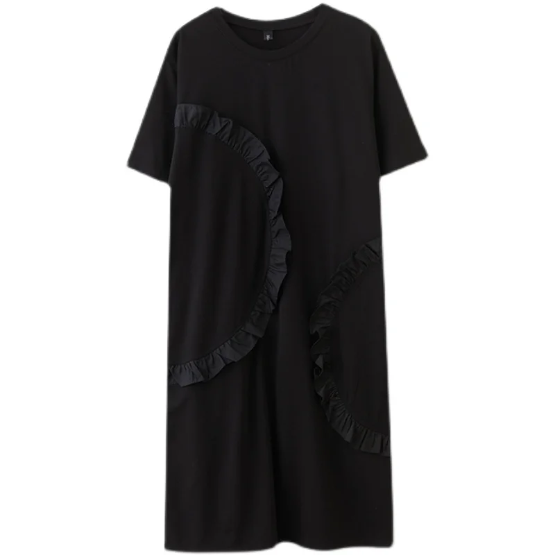 

COIGARSAM Patchwork Women dress New Summer Short Sleeve Loose Dresses Black 3160
