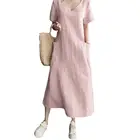 Женское однотонное платье с коротким рукавом, V-образным вырезом, карманами и большим подолом