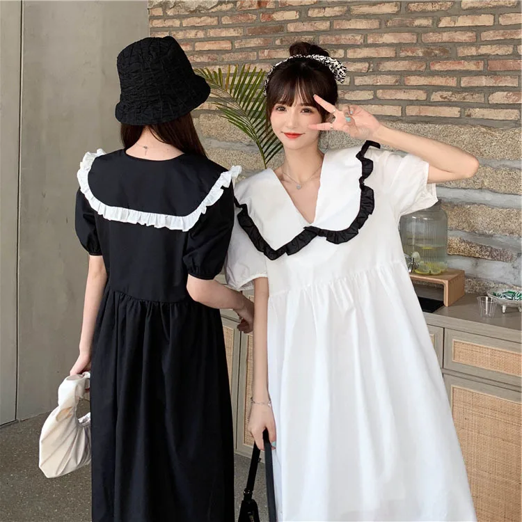 2021 Summer New Style Nightdress Women's Loose Nightgown Doll Collar Dress Medium Length A-line Skirt Home Clothes Sleepwear