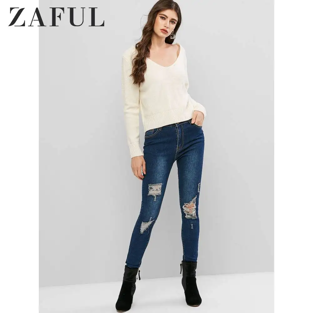 ZAFUL Twist Back V шеи пуловер свитер открытая спина с длинными рукавами сплошной цвет