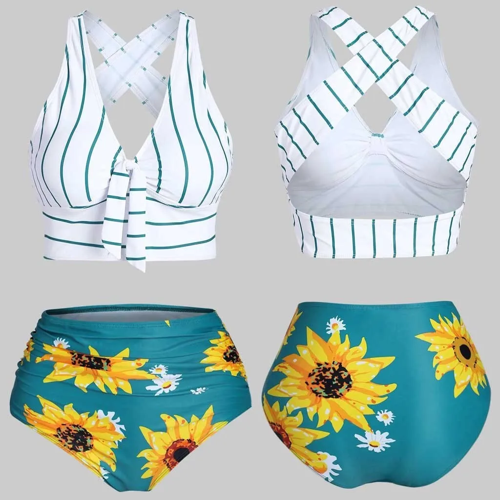 

Women Push-Up Padded Plus Size Overlay Sunflower Print Bikini Swimsuit