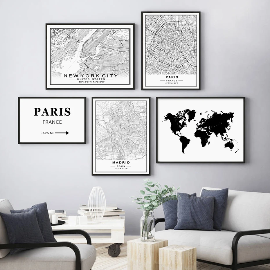 

World City Maps Paris Madrid New York Poster Customizable Canvas Print Painting Black White Wall Art Picture Interior Home Decor