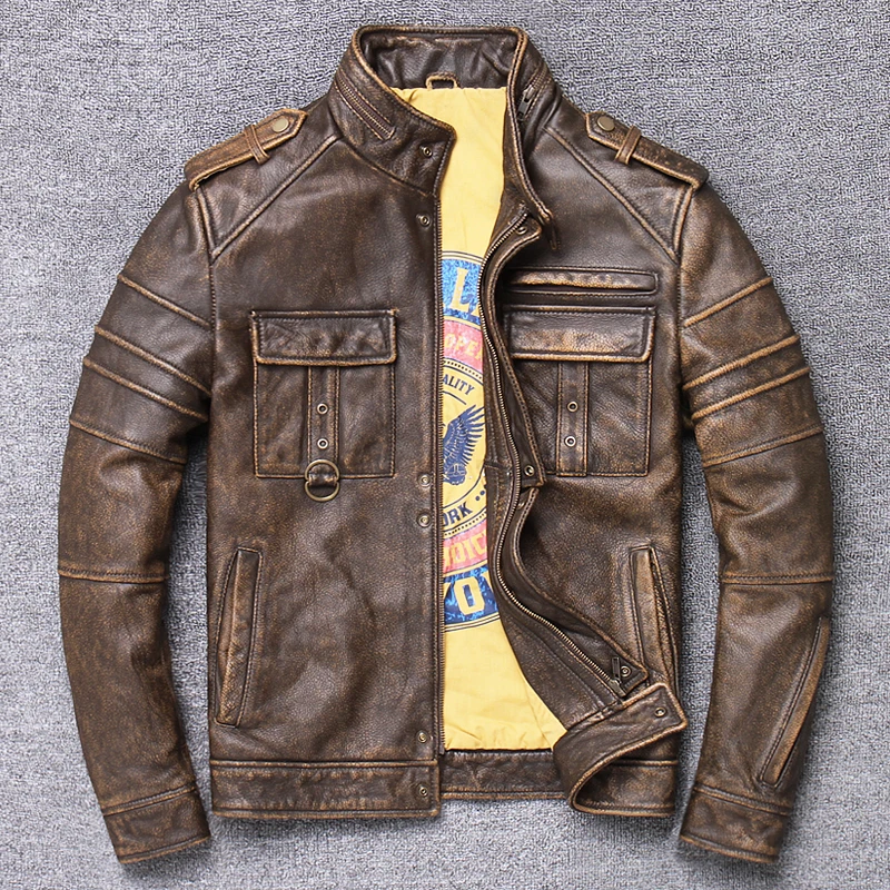 

Мужская винтажная мотоциклетная куртка, черная кожаная куртка из натуральной воловьей кожи, верхняя одежда для осени и зимы,