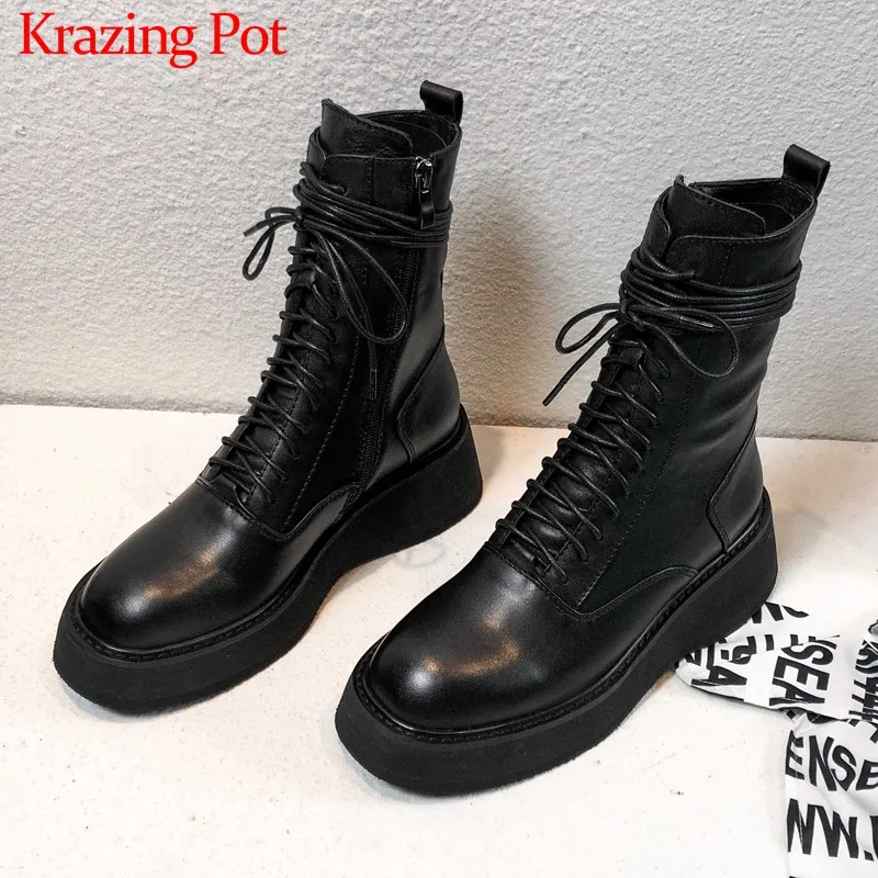 Женские простые ботинки из коровьей кожи на шнуровке до середины икры|Сапоги