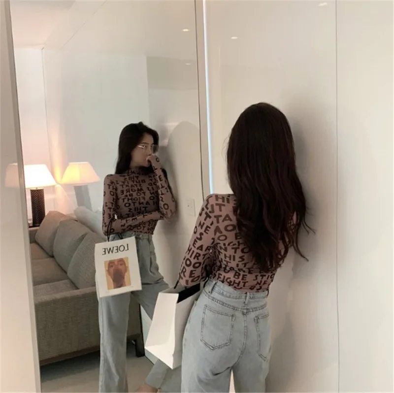 

hirigin new fashion women casual Shirts female high neck slim blouses ladies long sleeve letter printed see through tops