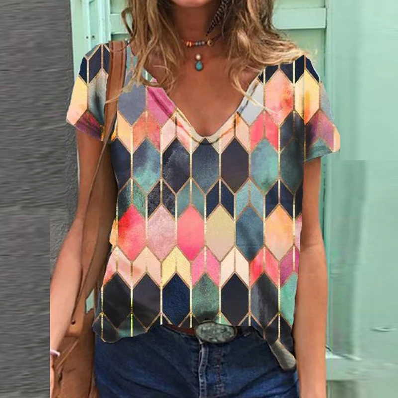 2021 летние 3D узор Футболка с принтом для женщин Сезон весна лето С v образным