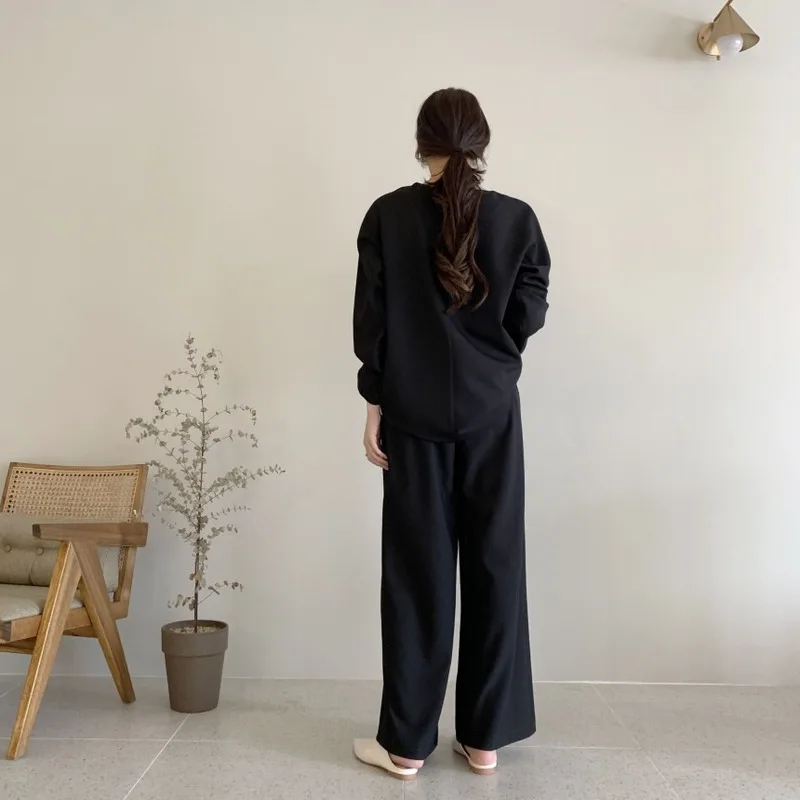 

Oversized Women's Sweatshirts Suits Loose Solid O-Neck Women Pullover Tops Drawstring Elastic Waist Wide Leg Pants 2 Piece Set