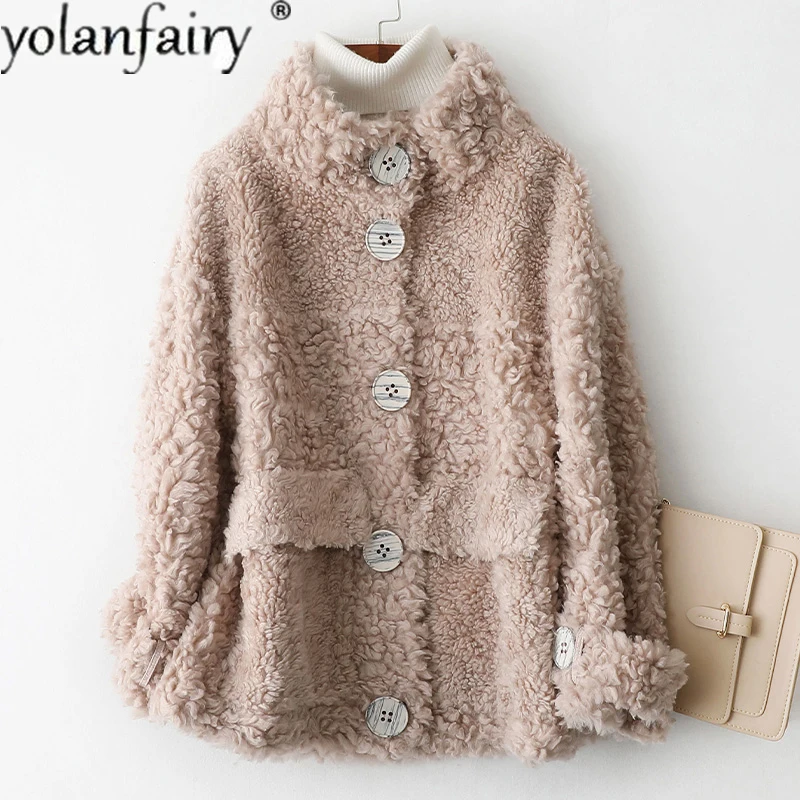YOLANFAIRY/зимнее пальто с натуральным мехом Женская овечья стрижка куртка 100% шерсть