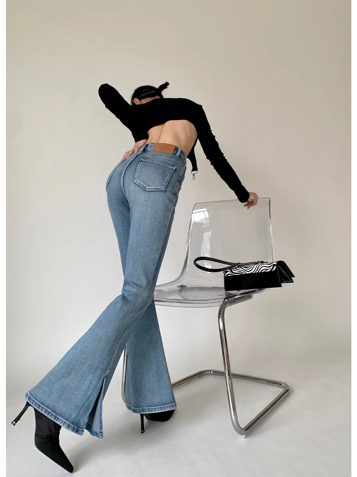 

HESAPP retro bootcut jeans women high waist slim side slit trousers vaqueros pantalones wide leg jeans skinny jeans streetwear