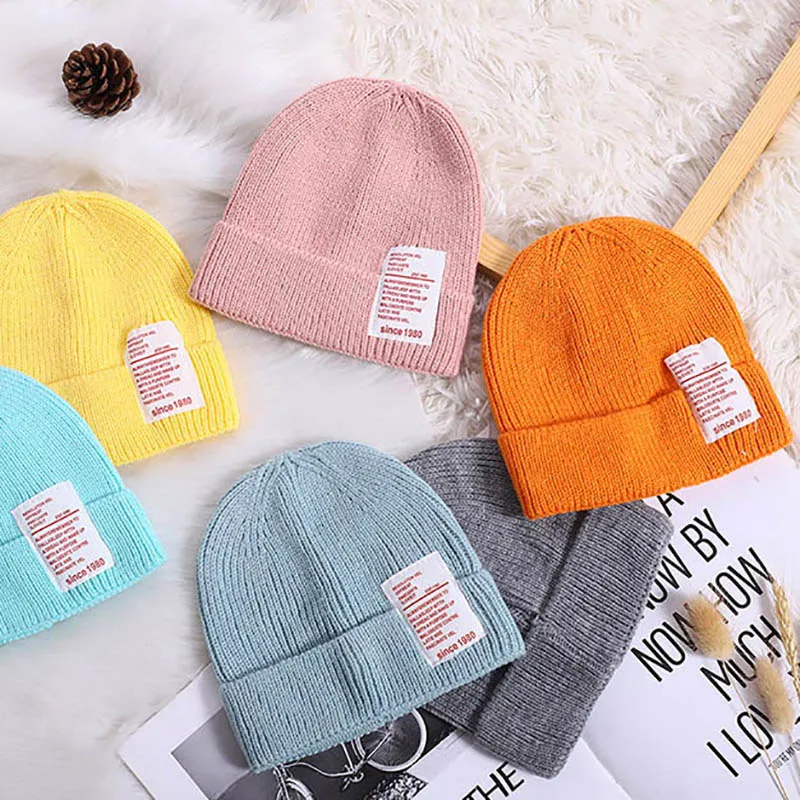 Warm Kids Winter Hats for Children Knitted Cap Solid Color Soft Crochet Boys Girls Beanie Hat