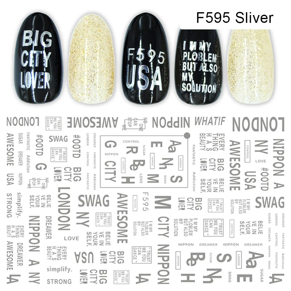 F595 Sliver 1 шт. черный/Золотой/Серебряный 3D наклейки для ногтей летние цветы дизайн клей для накладных ногтей Наклейка Россия слова Маникюр татуировки - Цвет: F595 Sliver